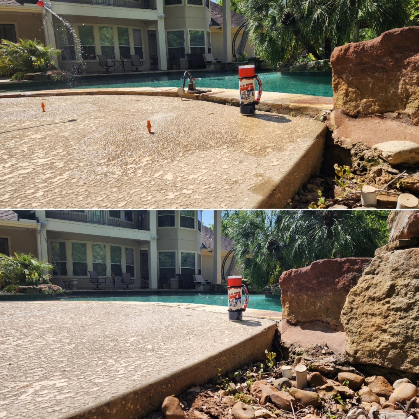 Two Images Of A Swimming Pool Featuring A Colorful Toy Resting On The Edge, Surrounded By Clear Blue Water.